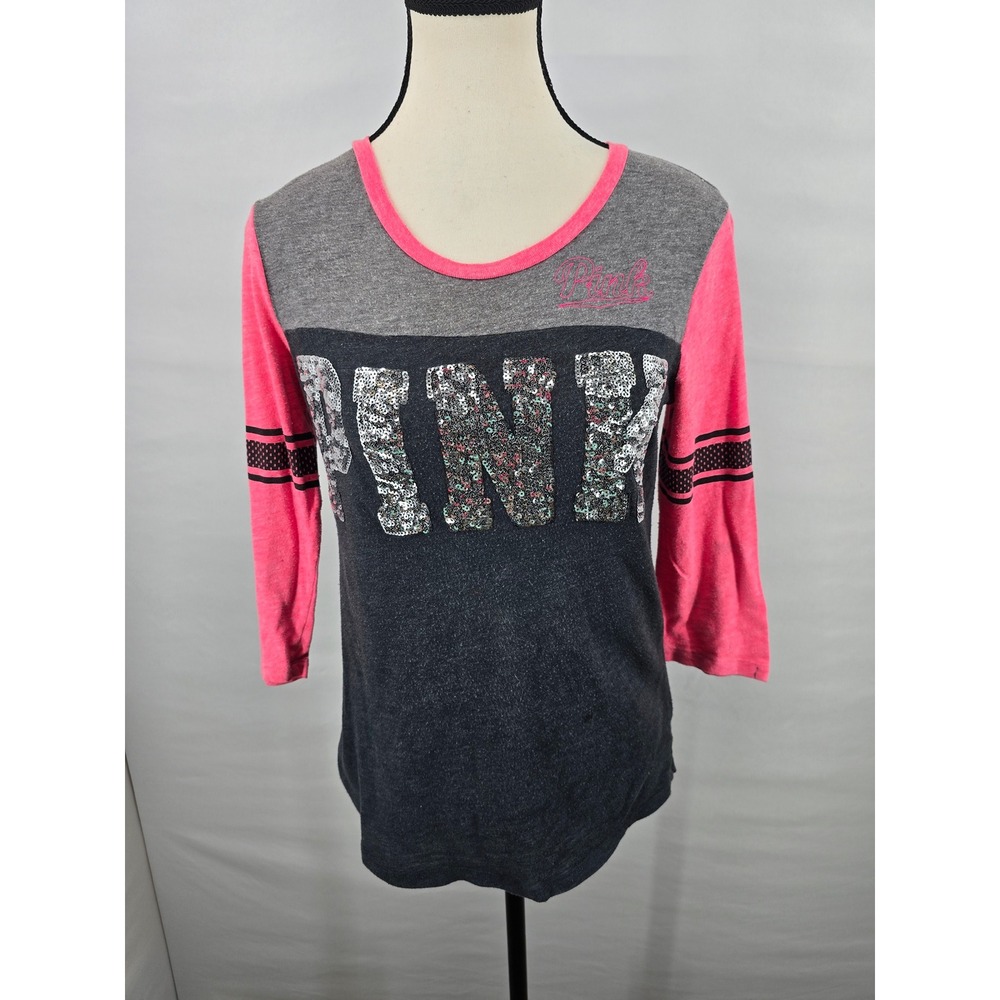 Pink Victorias Secret Colorblock Sequin Logo 3/4 Sleeve Top Grey Pink XS 1703